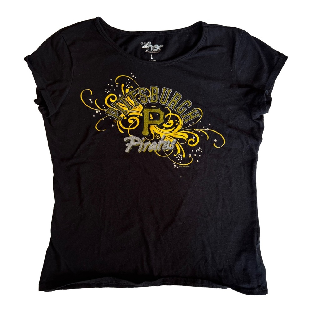 Pittsburgh Pirates Black and Gold Cap Sleeve T-Shirt with Graphic Design